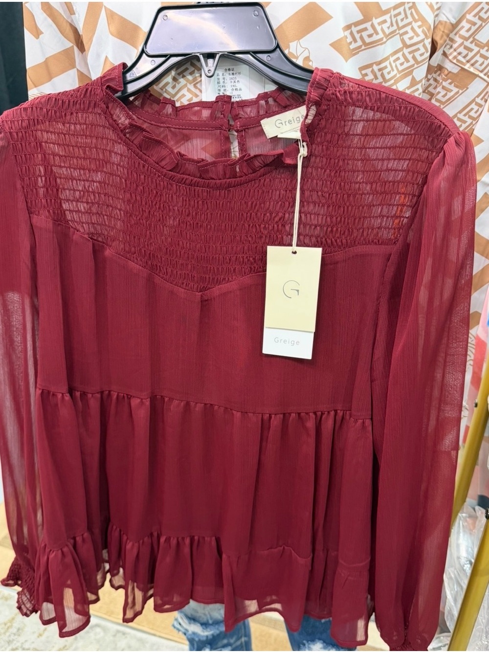 Greige Women's Wine Burgundy Ruffle-Smock Blouse